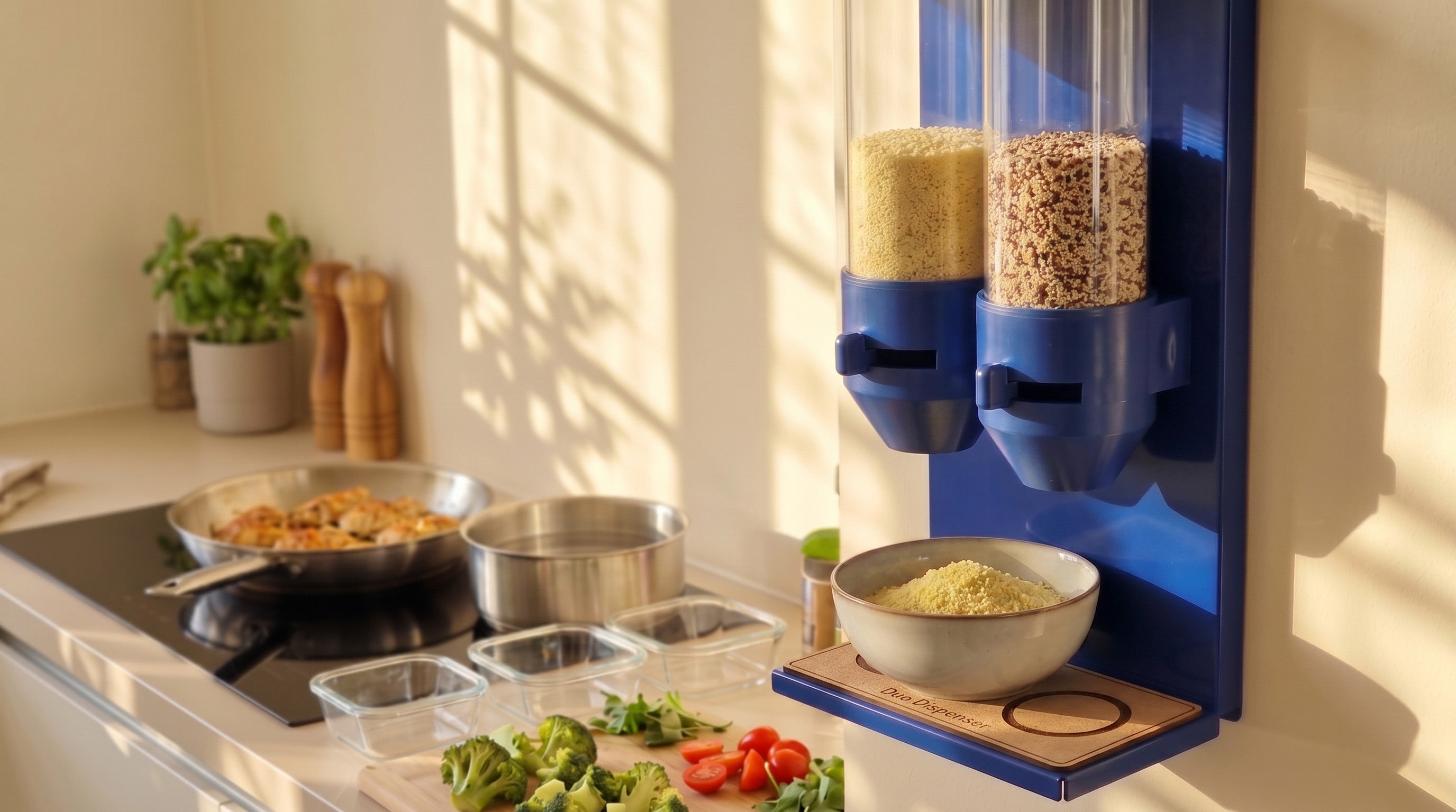 Blauwe wanddispensers met droge ingrediënten boven een keukenwerkblad