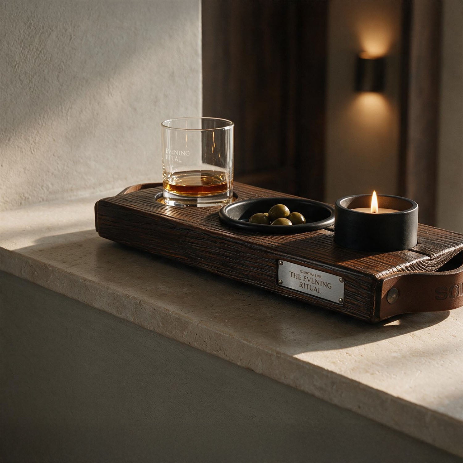 The Evening Ritual met whisky, olijven en kaars in een warm architectonisch interieur