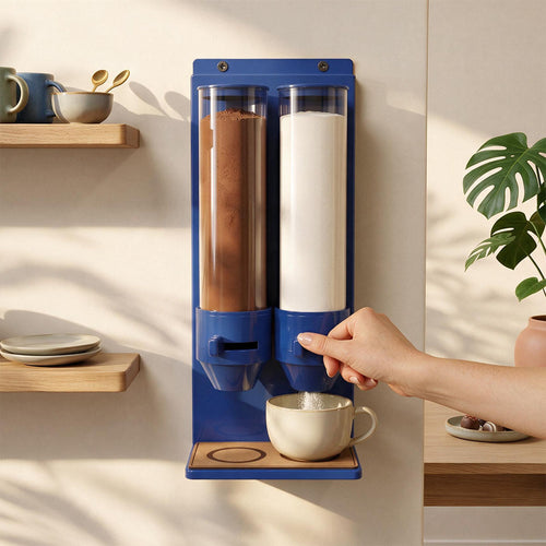 Blauwe Duo Dispenser aan de keukenwand doseert melkpoeder in een mok.