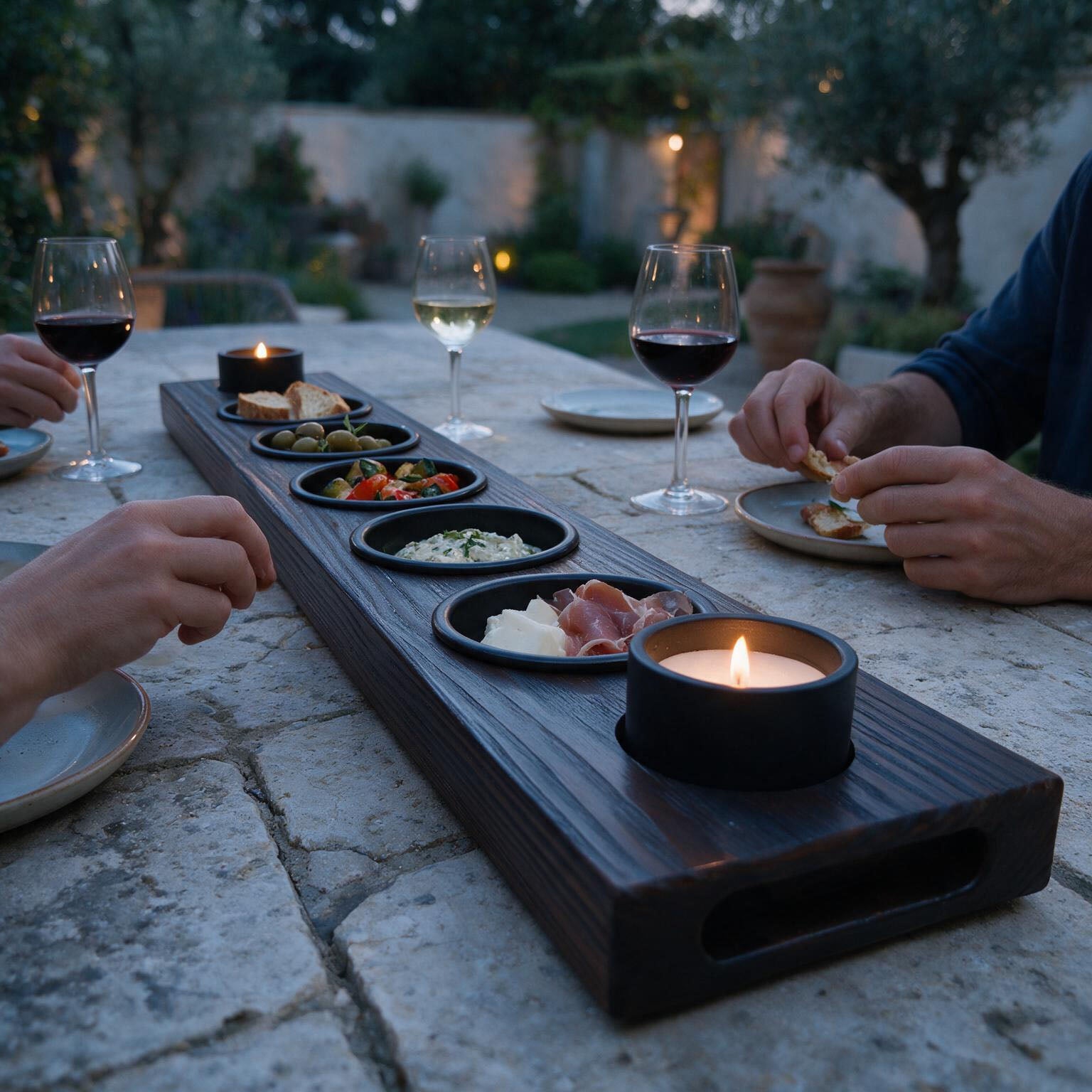 Serving 52 gevuld met tapas tijdens een lange avond buiten met wijn en kaarslicht