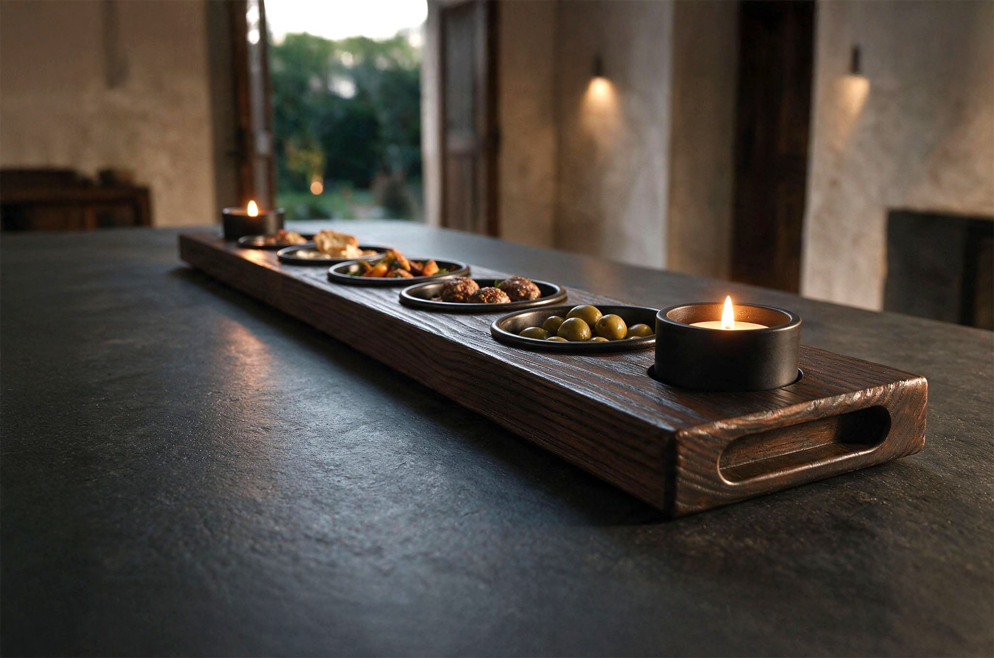 Serving 52 met gevulde schaaltjes en brandende kaarsen op een donkere tafel in een warm interieur
