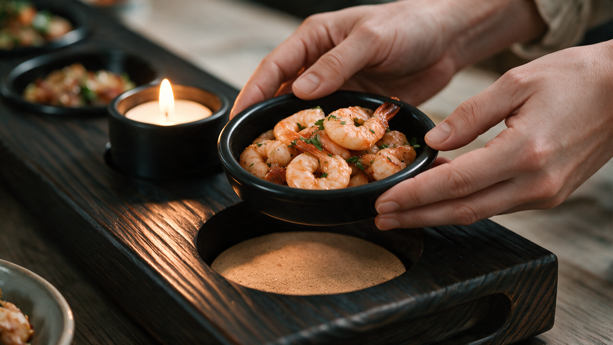 Tavola serveerplank met uitneembaar keramisch schaaltje en warme tapas