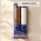 Complete blauwe wanddispenser met twee uitneembare kokers voor droge ingrediënten.