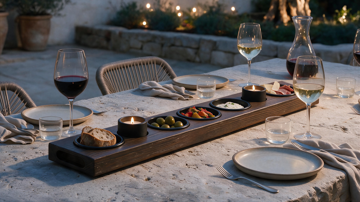 Tapas plank van solid36 op een buitentafel. gezellig borrelen.