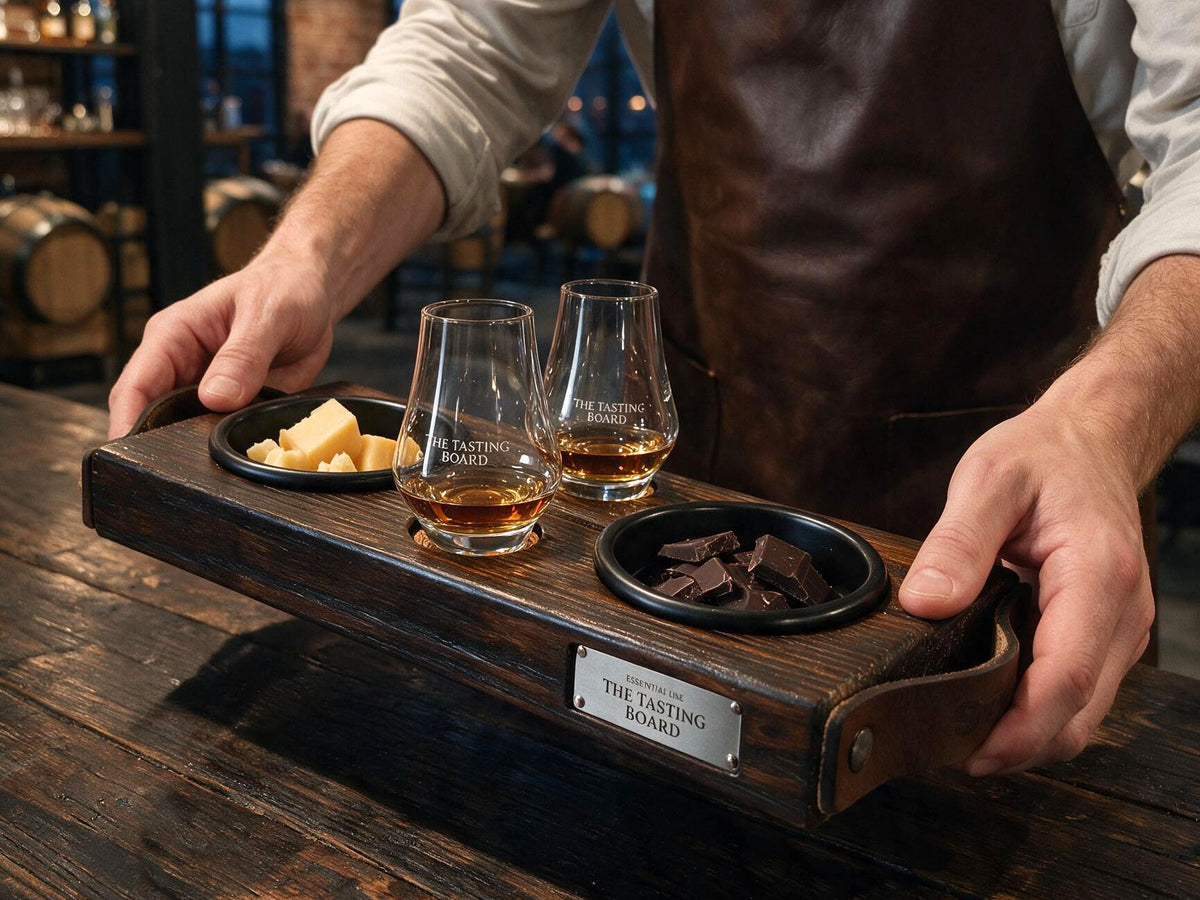 The Tasting Board met twee gevulde proefglazen, nootjes en chocolade in een warme proeverij of whiskey kelder.