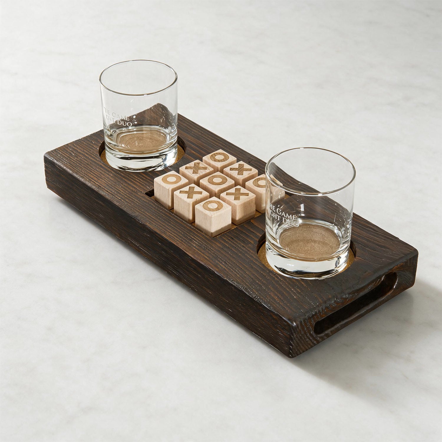 Game Night Duo Pure houten borrelplank met gegraveerde glazen